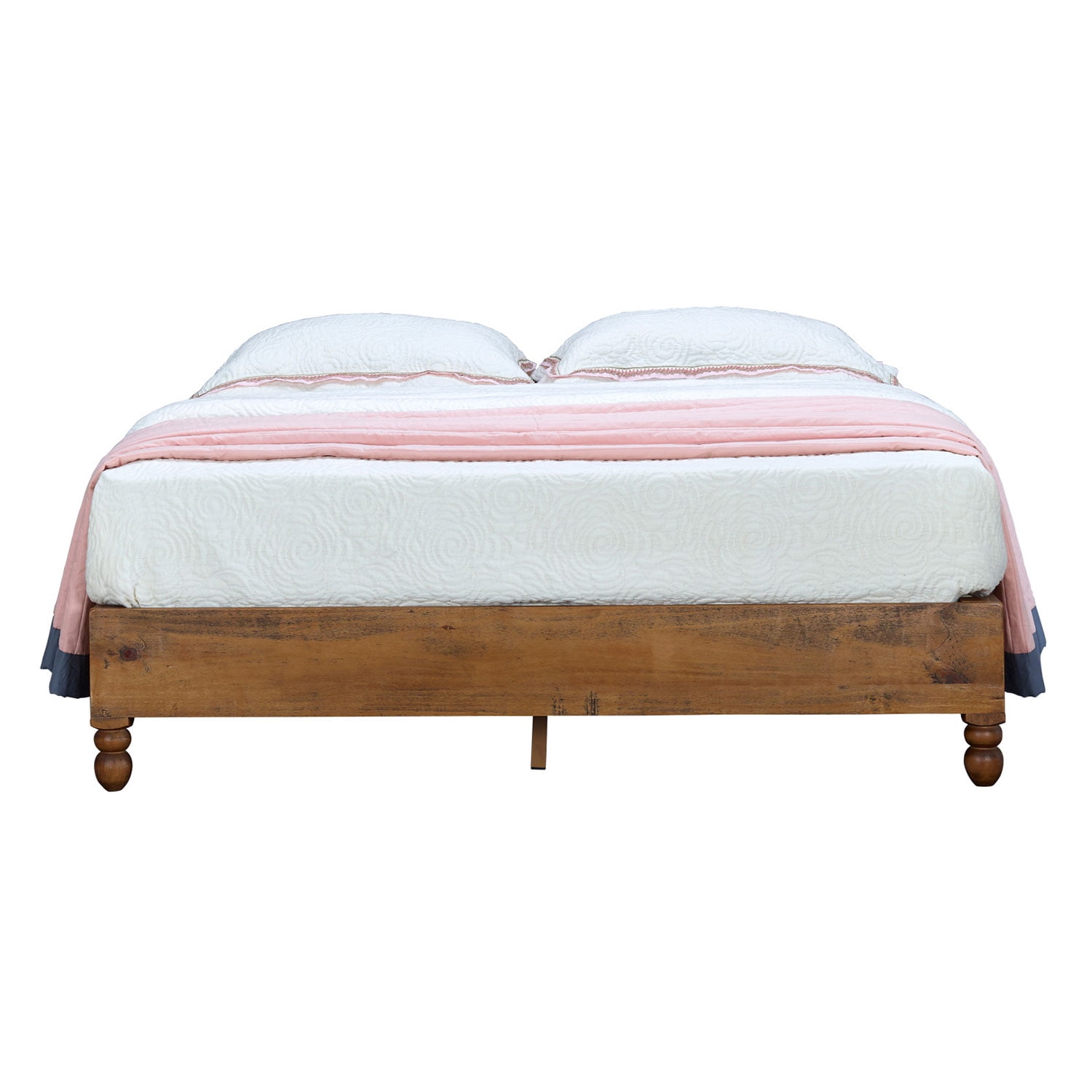 Open Box Slatted King Size Wooden Bed Frame with Turned Legs, Natural Brown- Saltoro Sherpi