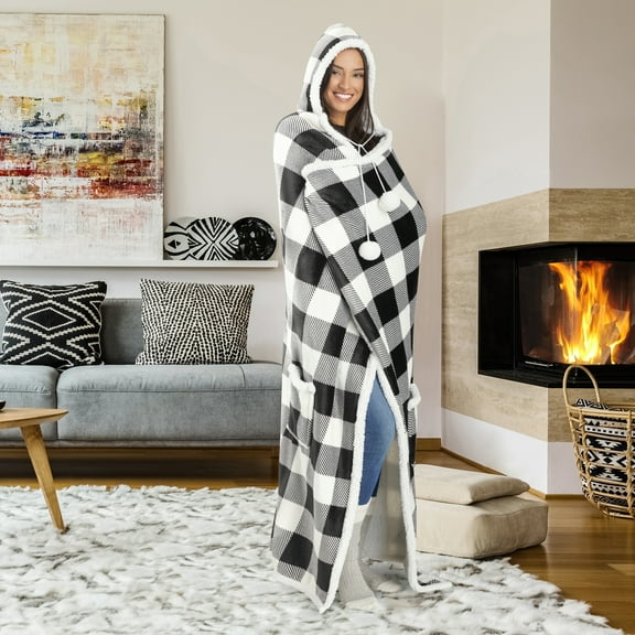 Wearable Hooded Throw Blanket Buffalo Plaid, 52" x 72"