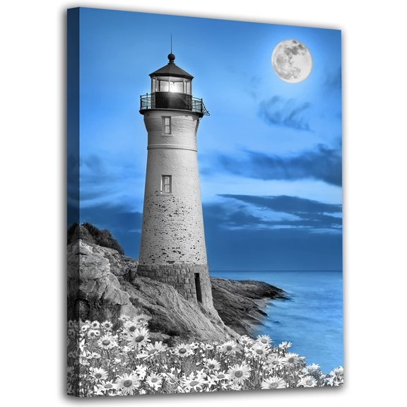 Lighthouse Canvas Wall Art Beach Rock Canvas Pictures Flowers Ocean Painting Bathroom Decor Modern Daisy Seascape Artwork framesor Home Bedroom Living Room Decor Framed Ready To Hang 12"x16"