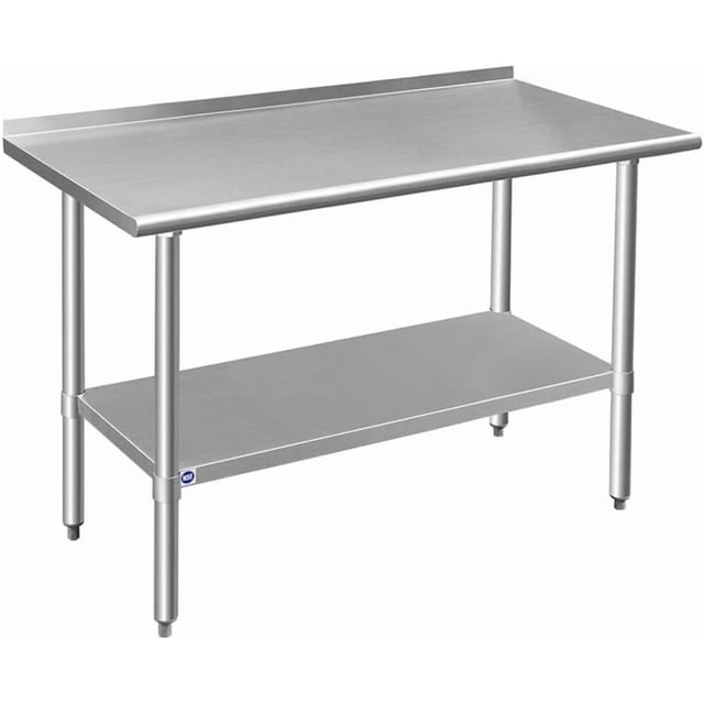 YUSAZENS Double Layer Stainless Steel Workbench 24 x 24 x 35 Inch, Stationary Garage Work Table No Wheels with Rear Back Panel