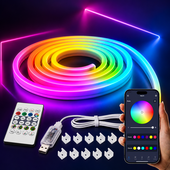 RNKR 5M Smart RGB Neon LED Strip Light,App Remote Control, Music Sync Rope Light 16M Colors, Flexible Neon Light for Bedroom, Party, Gaming Room