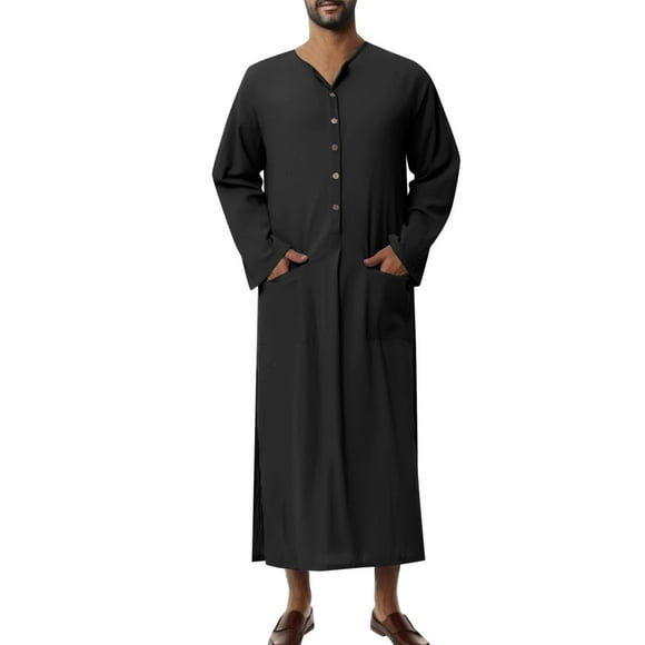 Men's Long Sleeve Muslim Robe Button Up Side Split Kaftan Thobe with Pockets Long Night Gown Shirt Thobe
