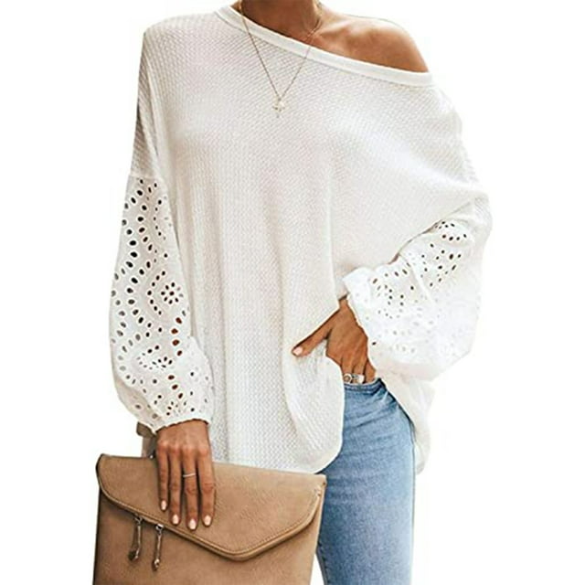 Camiseta Ahueca Hacia Fuera Manga Larga Cuello Oblicuo Color Puro Tops De Un Hombro Para Mujer Blanco S