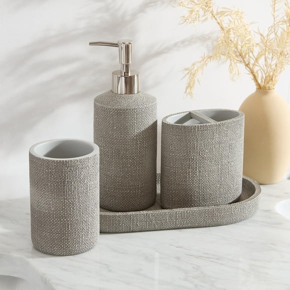 Tahari Home - Ensemble de Salle de Bain, Accessoires de Comptoir en Résine, Comprend Porte-Brosse à Dents, Gobelet, Plateau de Meuble-Lavabo et Pompe à Lotion, Design Texturé (Gris Clairastor, 4 Pcs)