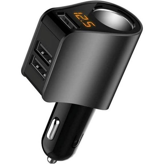 Car Charger Extension Cigarette Lighter Adapter, Socket Plug Splitter 3 USB Ports,12V/24V Automobile Outlet with Voltage , (Black)