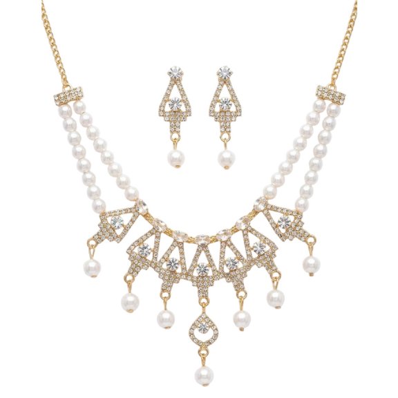 RK Art Jewelry - Gold-Tone Pearl and Crystal Statement Necklace Set with Matching Earrings for Women Bridal Party Jewelry