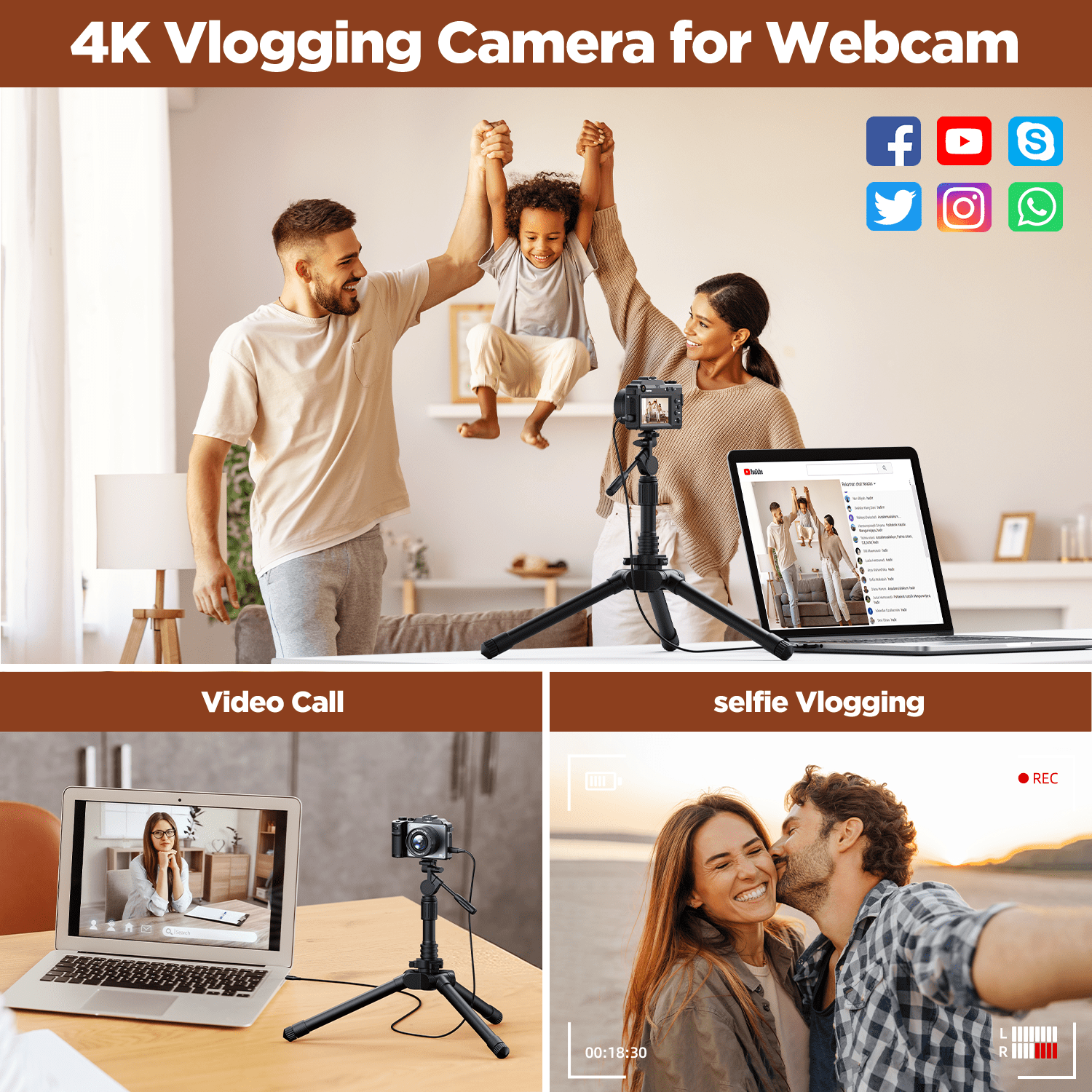 Campark AC16 64MP Digital Camera 4K/30FPS Video with Case, 64GB Card for Beginners