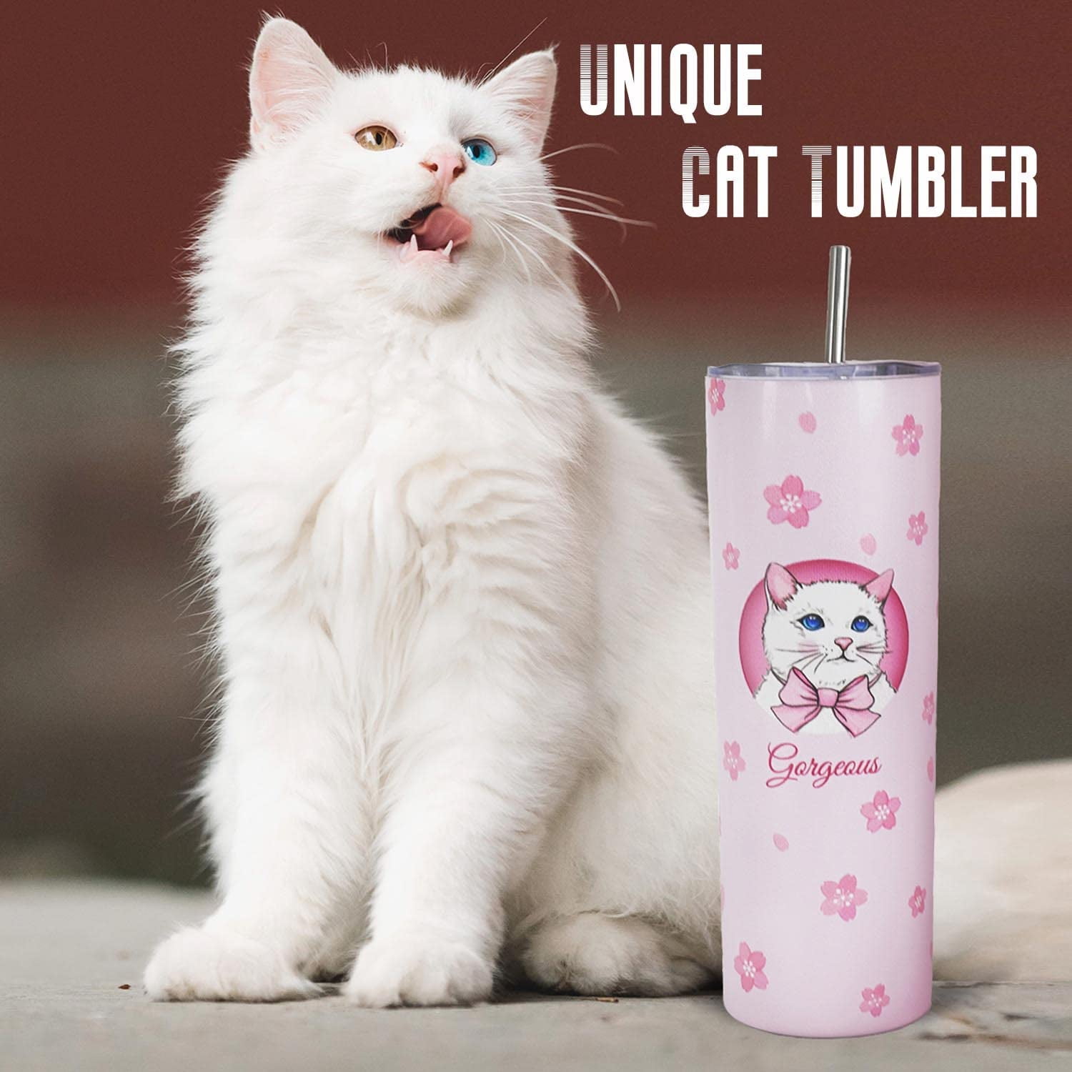 Kawaii Cute Cat Ear Tumbler Cup Water Bottle W Straw & Lid Pink Glitter  !nside