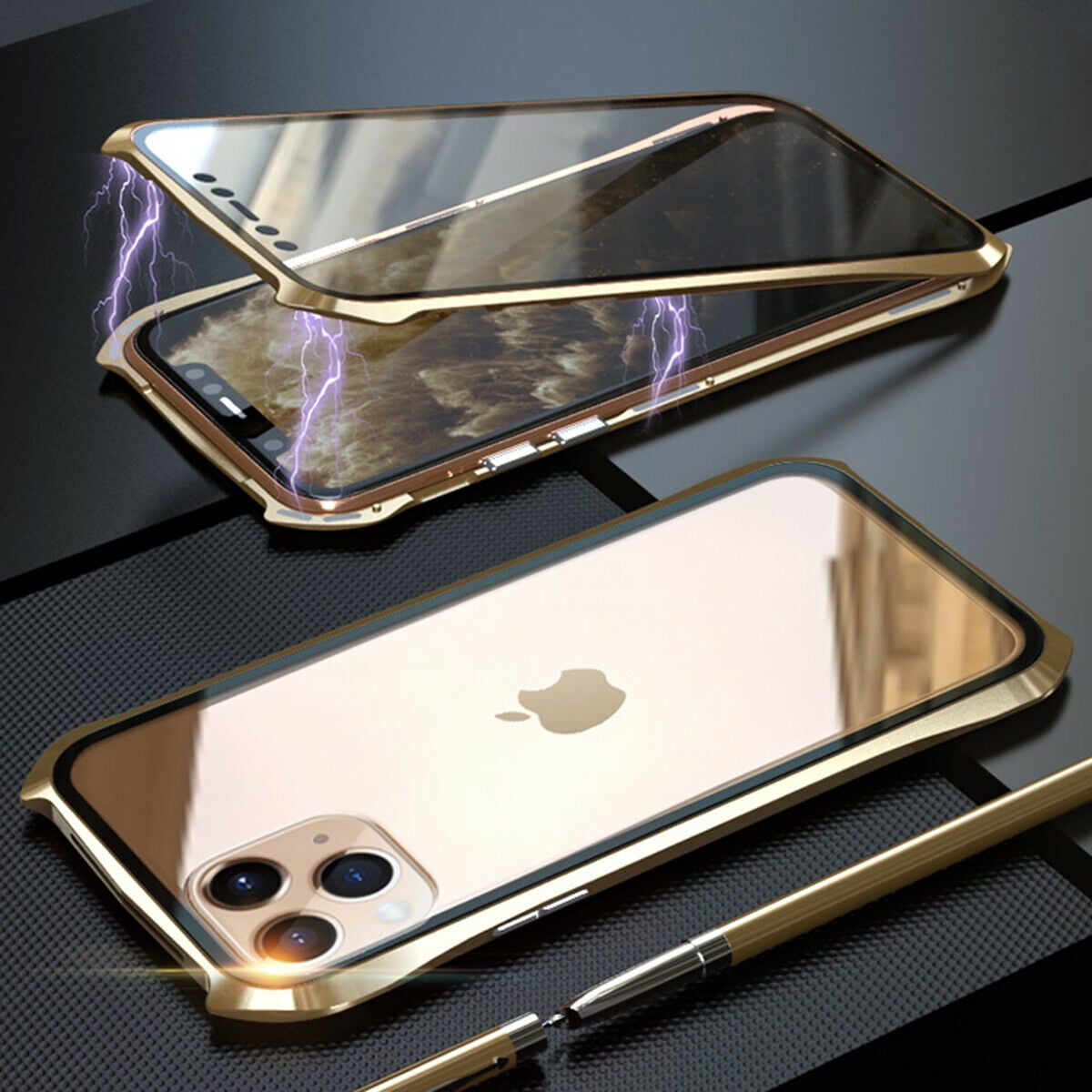 Case for iPhone 11 Metal Bumper Back & Front Glass Case Cover