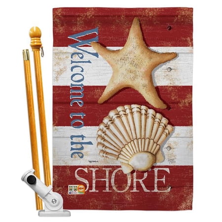 UPC: 0797277956382 | Breeze Decor BD-NA-HS-107058-IP-BO-D-US18-SB 28 x 40 in. Welcome to the Shore Coastal Nautical Impressions Decorative Vertical Double Sided House Flag Set & Pole Bracket Hardware