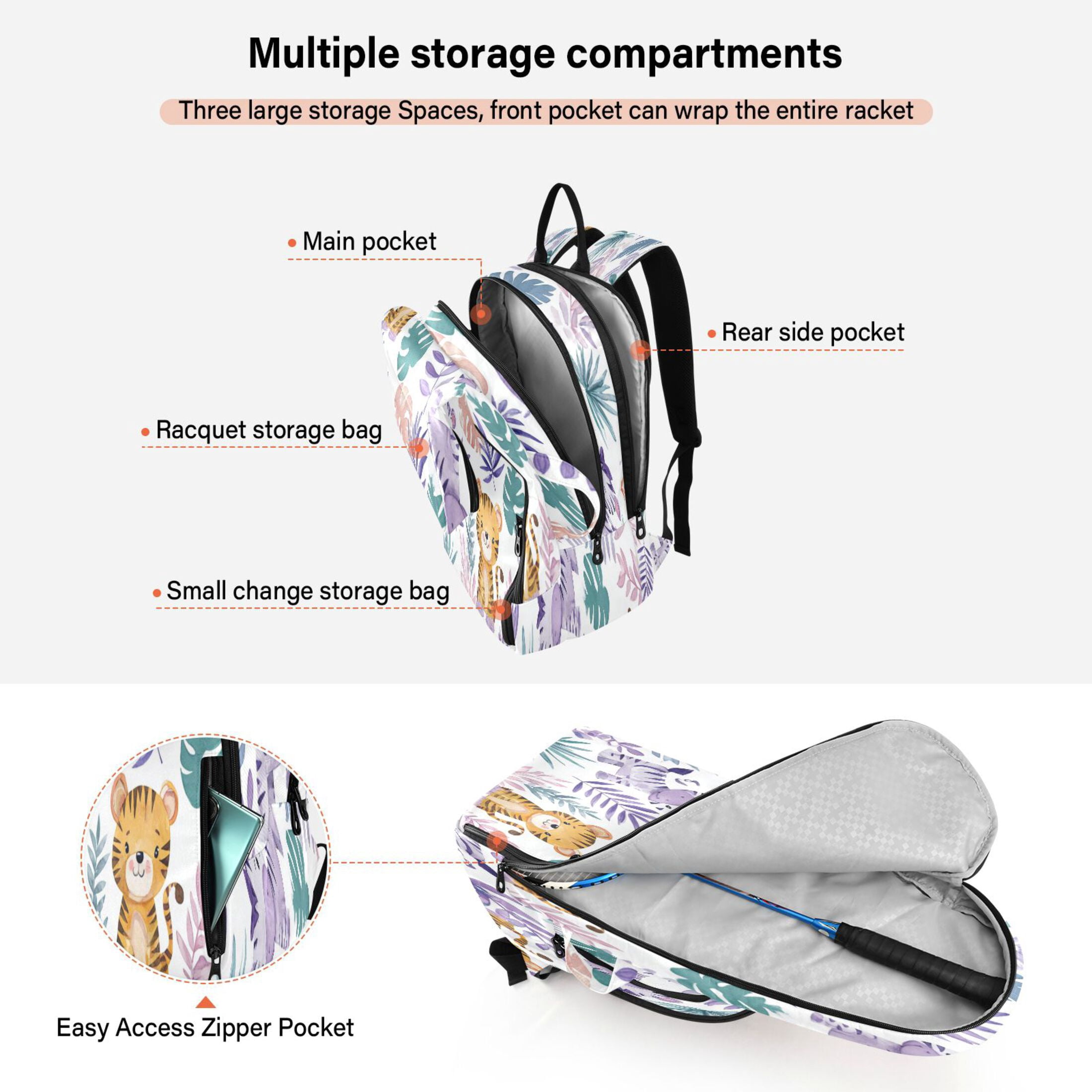 2 Racquet Holder Tennis Backpack Tennis Racket Covers Gym Bags Cute Baby Tigers and Zebras