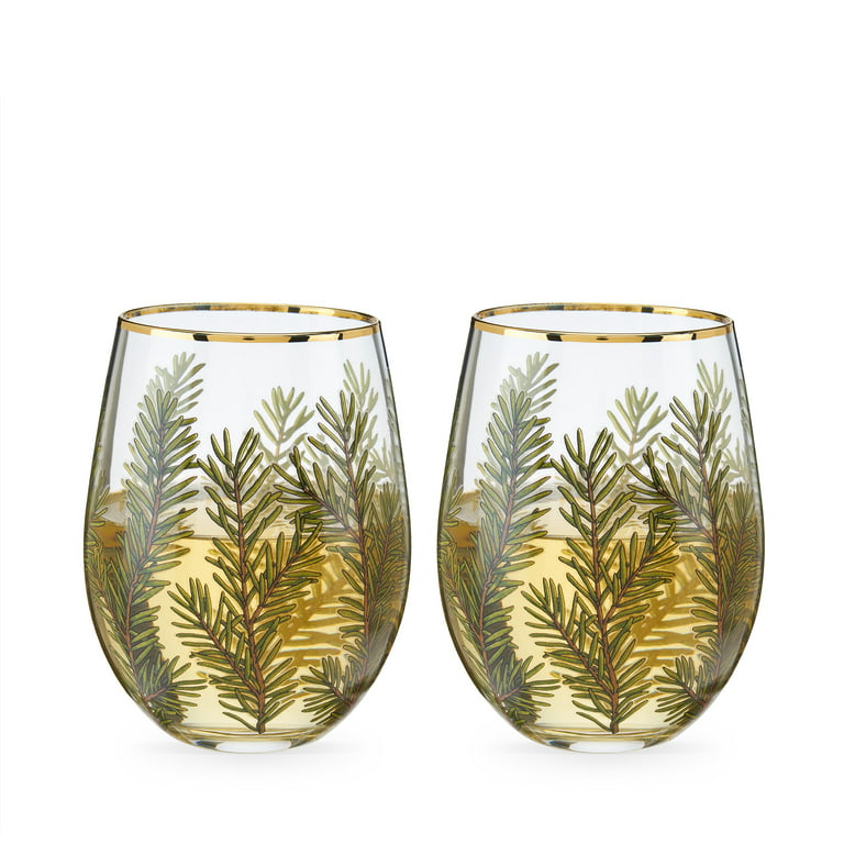 2 Hand Painted Stemless Wine Glasses Modern Expressions Shiny Gold Stripes  NIB