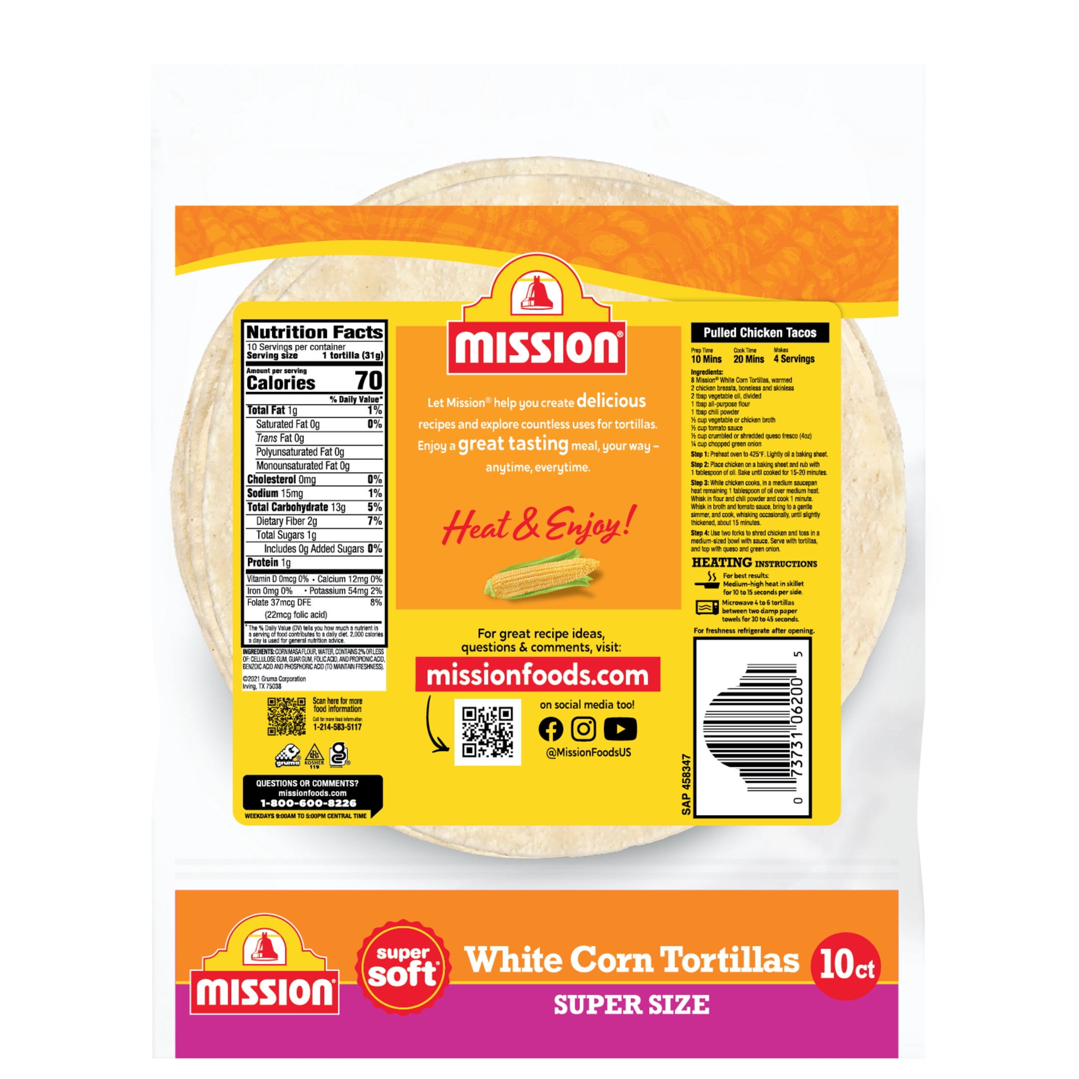 (4 pack) Mission Super Soft White Corn Tortillas, Super Size, 10 Count