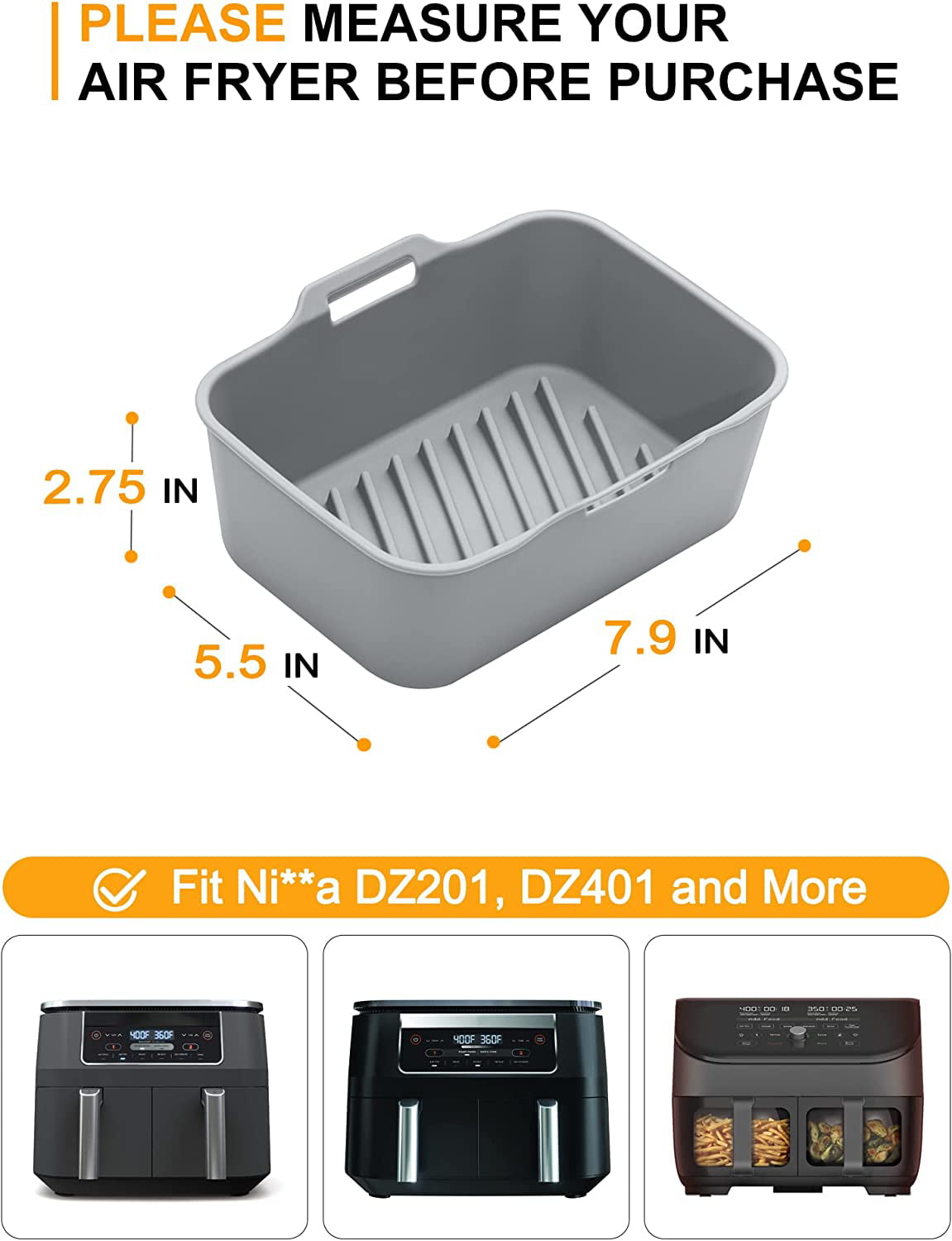 2 Pieces Air Fryer Silicone Liners Rectangular for Ninja Foodi Dual DZ201  DZ100 8QT DZ090 6QT Air Fryer, Non-Stick Reusable Air Fryer Accessories