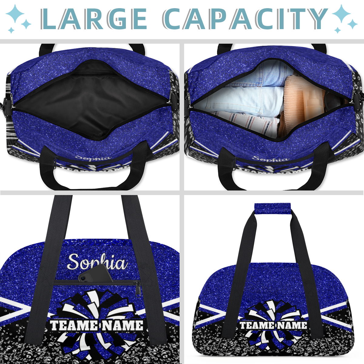 Jiaoprinted Personalized Cheer Bag, Custom Cheerleader Gym Bag Sport Duffel Bag, Customize Travel Overnight Weekender Bags, Cheerleading Gifts, Blue Glitter