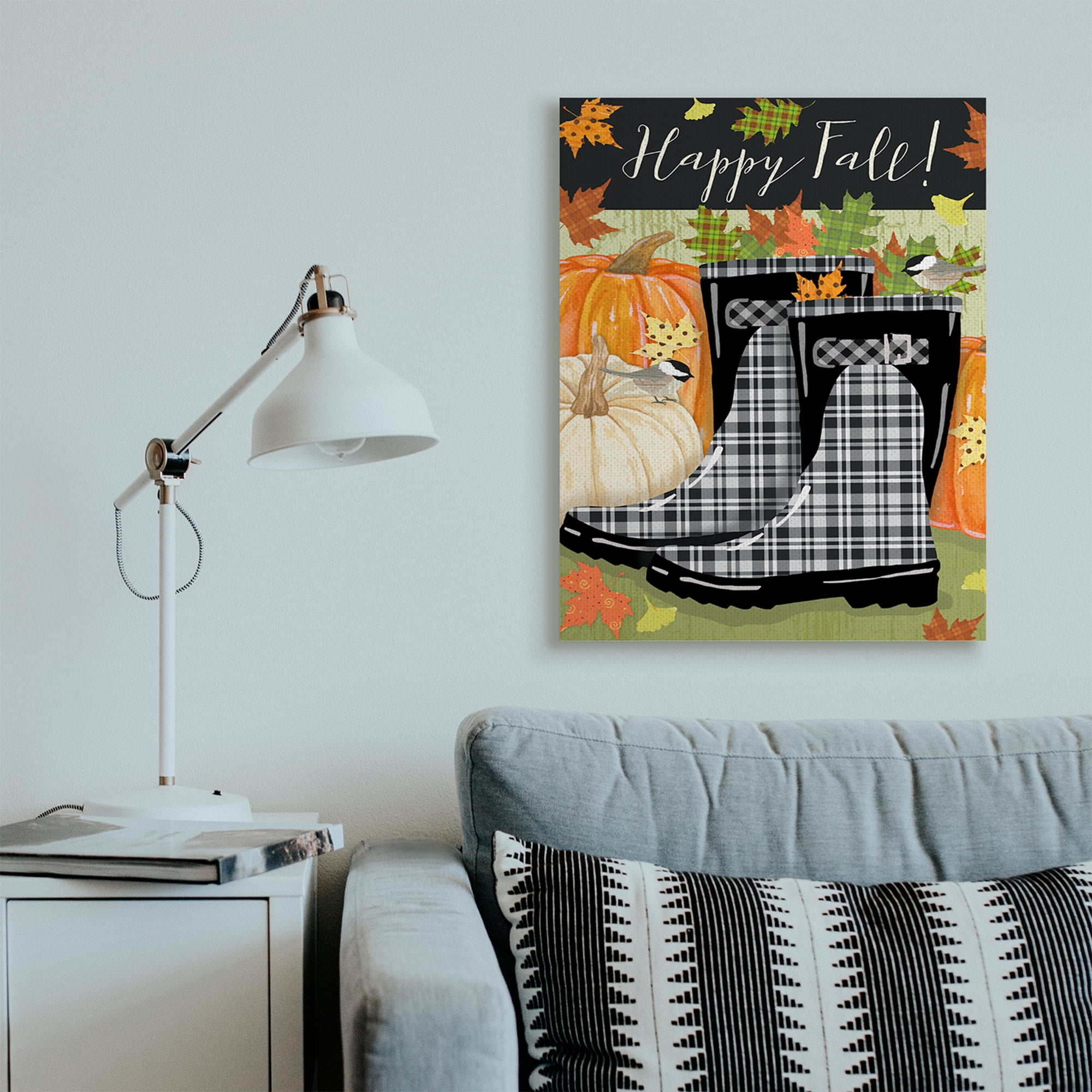 Stupell Industries Happy Fall Phrase Black Rainboots and Pumpkins Landscape Painting Gallery Wrapped Canvas Art Print Wall Art, 30 x 40