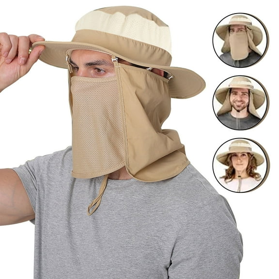 Ponpon Wide Brim UV Sun Protection Unisex Hat with Removable Face Cover and Neck Flap, Nylon, Khaki