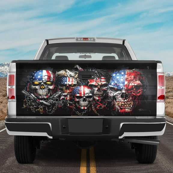 Lotusprinthandmade America Flag Skull Skeleton Tailgate Wrap 2 Sizes (24"x58"), patriotic skull truck decal, skeleton truck tailgate wrap