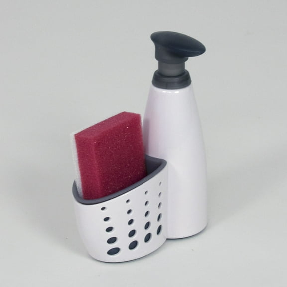 Casabella Sink Siderâ¢ Soap Dispenser with Sponge, Versatile Tool, Storage Capabilities, Use in Kitchen or Bathroom, White/Grey
