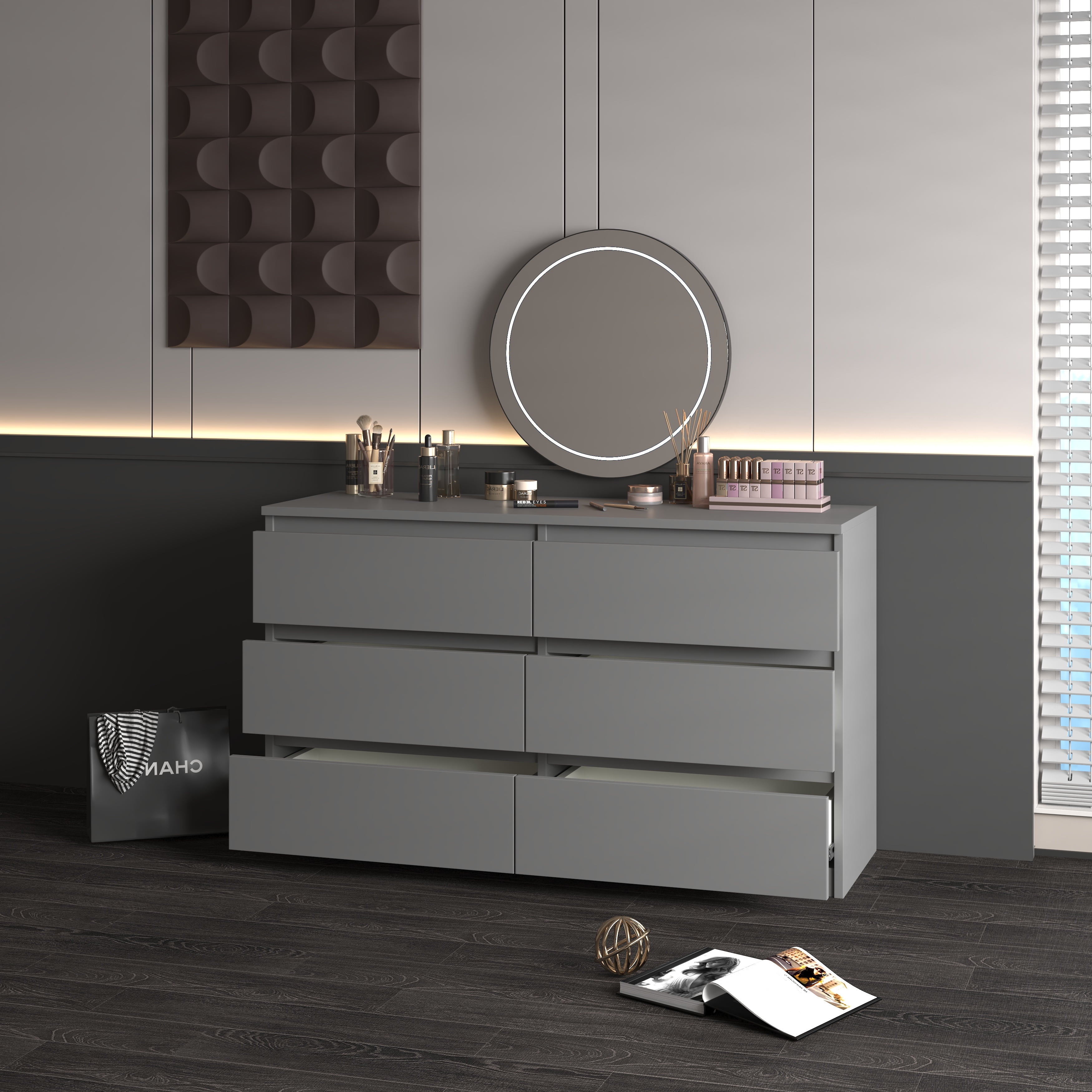 Resenkos Modern Mid Century 6 Drawer Wide Dressers Chests for Bedroom, Chest of Drawer Organizer Grey