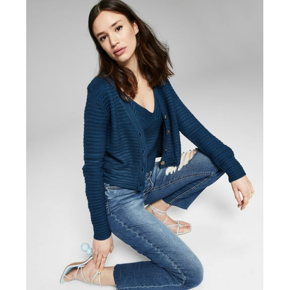 And Now This Womens Plus Size Waffle Knit Cardigan Sweater Set Twinset Navy 1X