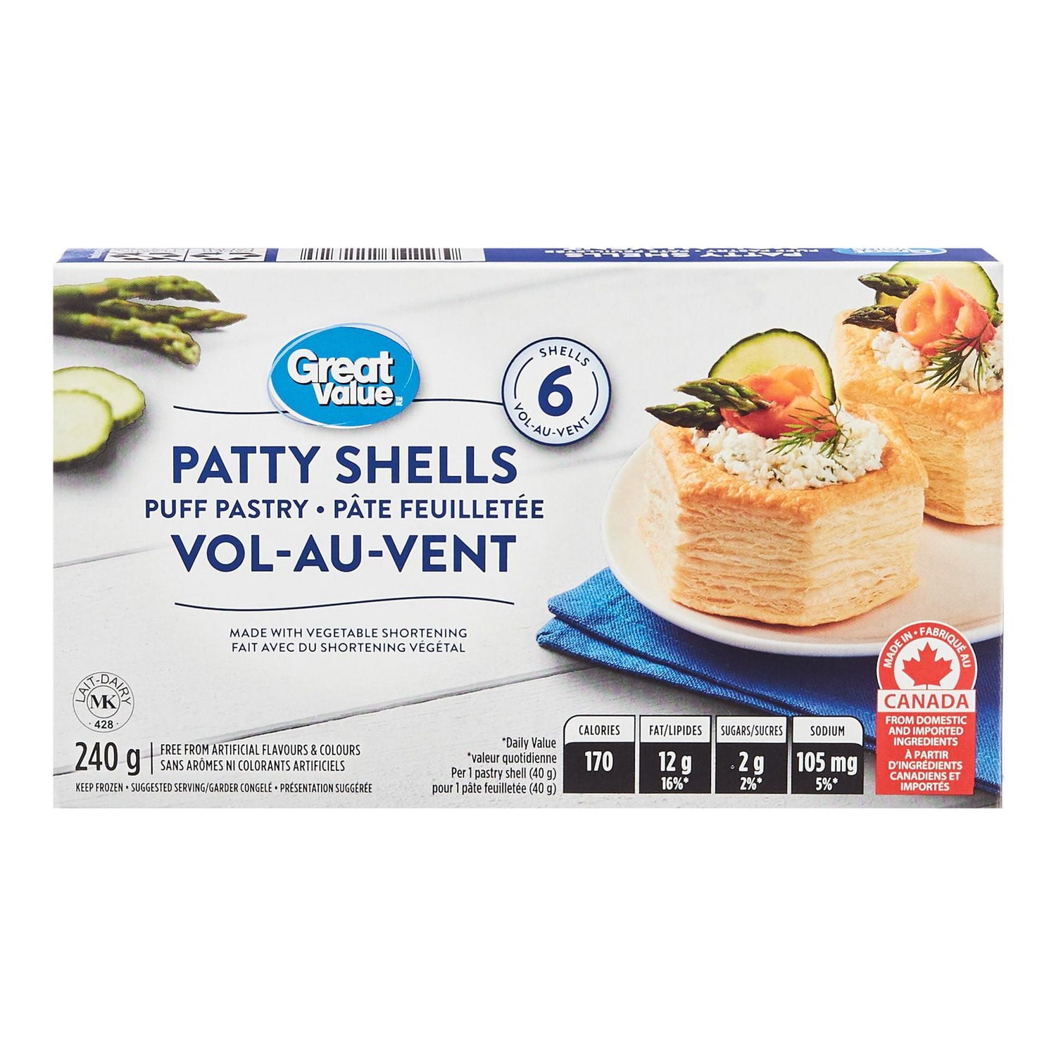 Great Value Patty Shells Puff Pastry, 240 g / 6 shells