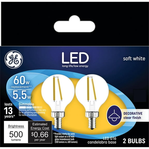 LED Light Bulbs, 60 Watt, Soft White, G16.5 Globe Bulbs, Clear, Small Base (2 Pack)