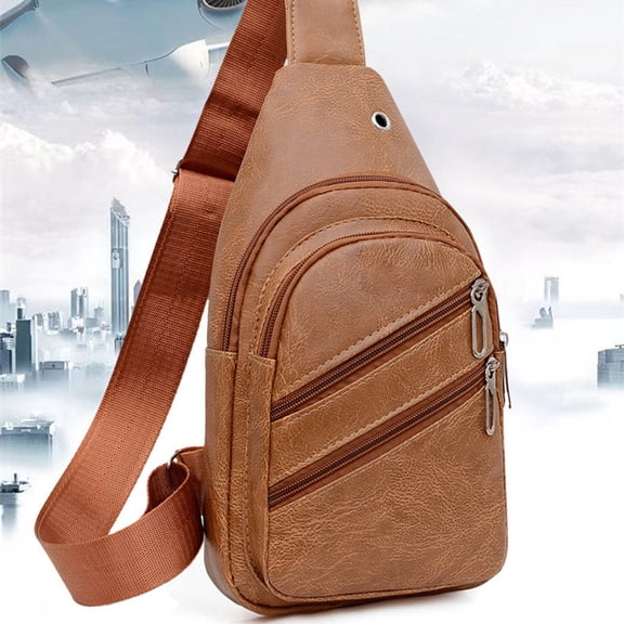 Nkmbld Sling Bag for Men, Soft Leather Strap Bag Crossbody Backpack with Headphone Hole Multipurpose Chest Bag for Travel Sport Running Hiking, Brown
