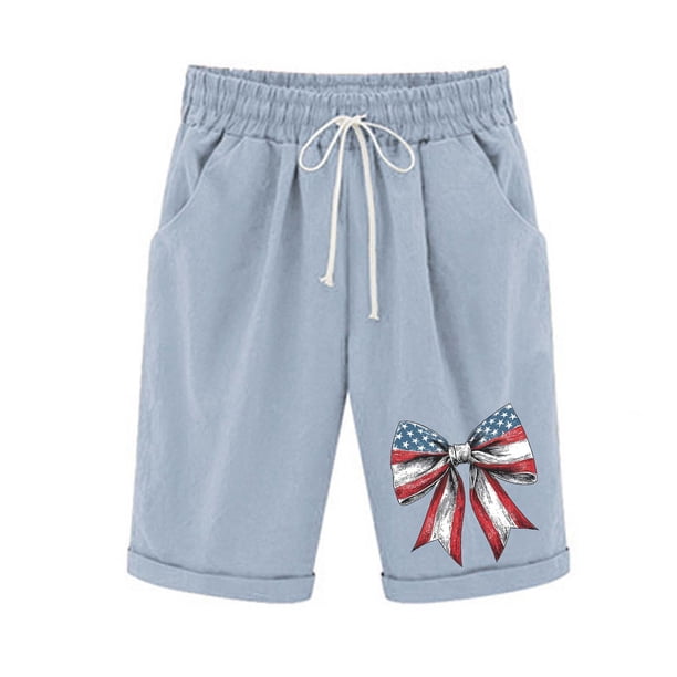 Pantalones Elásticos de la Cintura para las Mujeres Impresos Medias Pantalones Cortos, Bolsillos Casuales Poliéster para Toda la Temporada