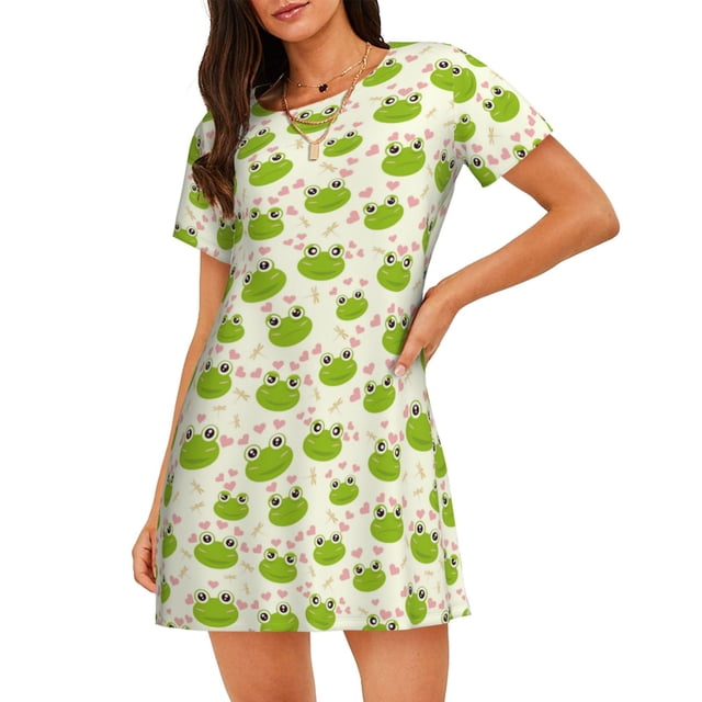 Balery Green Frog Camisón de manga corta con cuello redondo para mujer, cómodo y elegante.