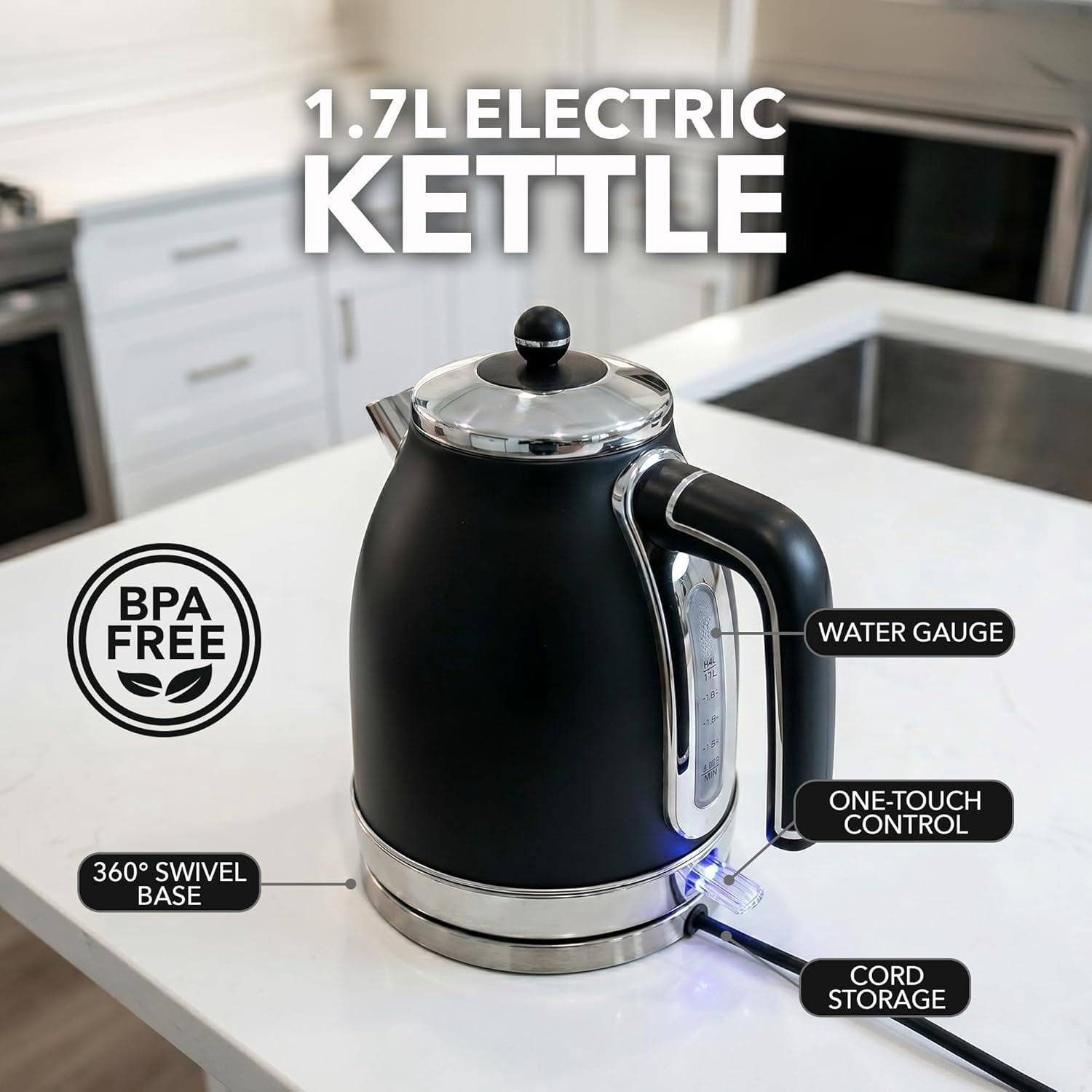 OVENTE 1.7L Electric Kettle 1500W Fast Boiling Water Heater for Coffee or Tea with Stainless Steel BPA-Free and Cordless Body, Auto Shut-Off, Boil-Dry Protection and Removable Filter, Silver KS777B