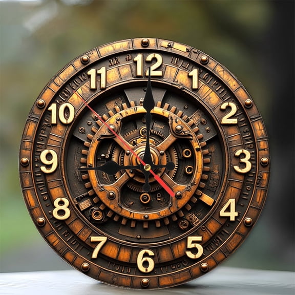 Steampunk Style Vintage Gear Clock Wall Decor 10-Inch Silent Wooden Wall Clock, Battery Operated (AA Batteries Not Included), Artistic Home Decor