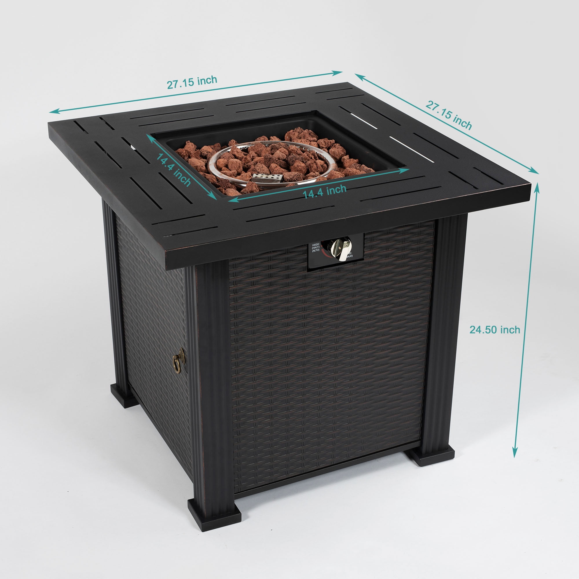 28" Propane Fire Pit Table, SHINPT Outdoor Gas Fire Pit Table, 50000 BTU Square Steel Fire Pit with Beautiful Wicker Base, Gas Fireplace for Garden, Patio, Yard, Backyard, Add Warmth to Parties