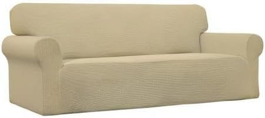 Stretch Sofa Slipcover 1-Piece Sofa Cover Furniture Protector Couch Soft with Elastic Bottom for Kids, Polyester Spandex Jacquard Fabric Small Checks (Sofa, Beige)