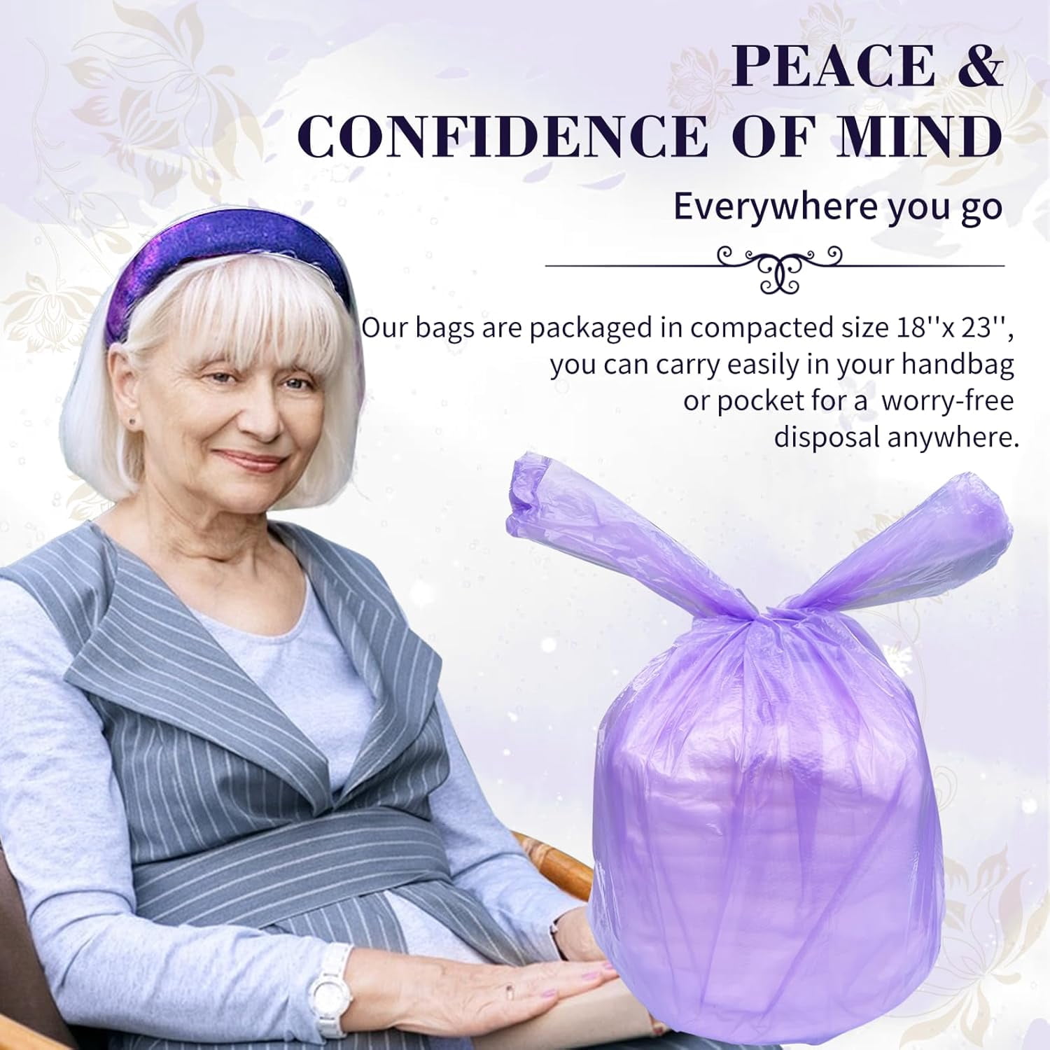 Large Adult Diaper Disposal Bags (18’’x23’’),96 Pcs, Scented, Elderly Waste Disposal, Baby Diapers Disposal Trash Bags, Sanitary Product Disposal at Home and Travel, Purple