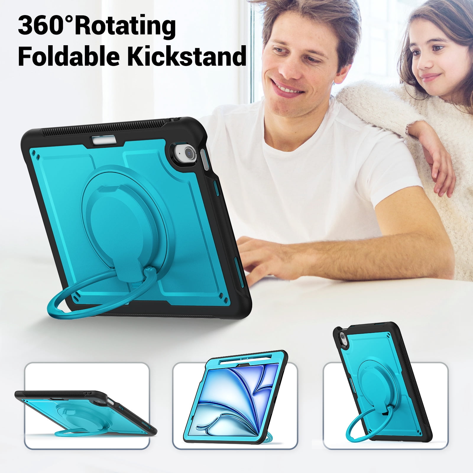 Shockproof Case for Apple iPad Air 11 Inch M3 M2 2025/2024, Rugged Hybrid Protective Cover with Pencil Holder & Shoulder Strap Kids Friendly Rotating Kickstand Case for iPad Air 11 Inch, Lightblue