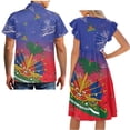 thumbnail image 5 of Garronmavis Haiti Flag Matching Couple Outfits Husban and Wife Clothing Men's Button Down Summer Beach Shirt Blouse and Womens Short Sleeve Dress Flowy Hawaiian Sundress, 5 of 7