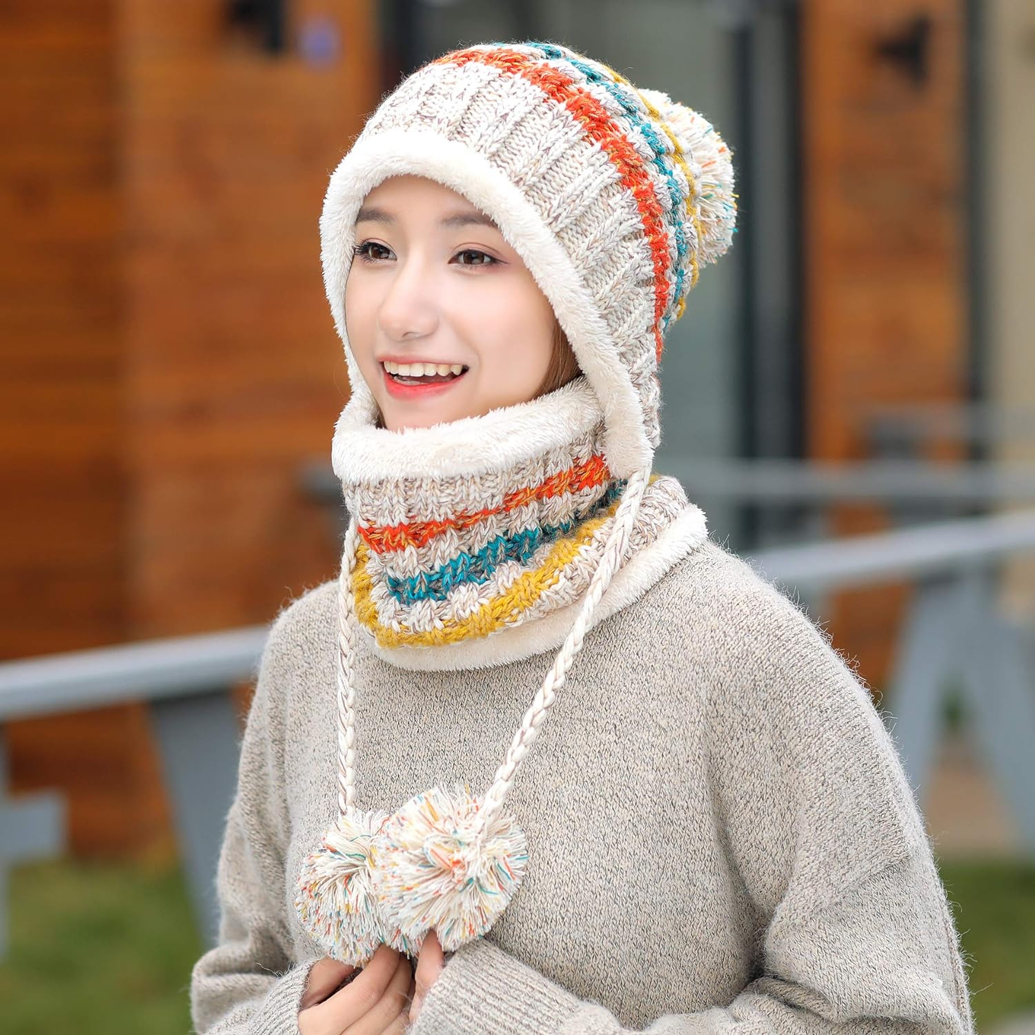Zhengup Women Winter Beanie Hat Circle Scarf Set Pompoms Peruvian Ski Snow Ear Flaps Sherpa Knit Hats Fleece Lined,S to M Size Head