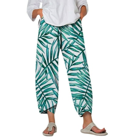 

Coopserbil Women Elastic Waist Casual Pants with Pocket Loose Fashion Pants Flower Printed Loose Elegant Crop Pants Stretch Pants Comfortable Maternity Pants for Women Casual