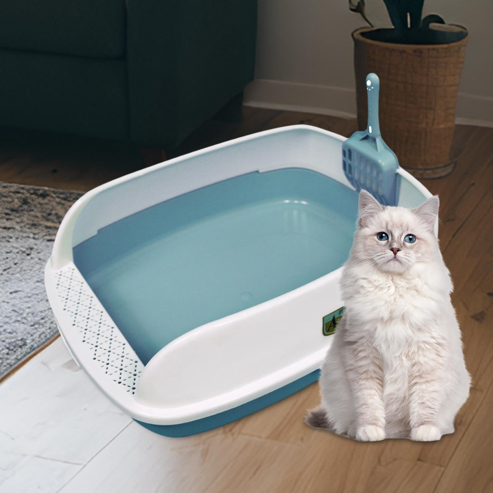 High Sided Cat Litter Box Kitten Potty Pan Portable Durable Pet Litter Tray Blue