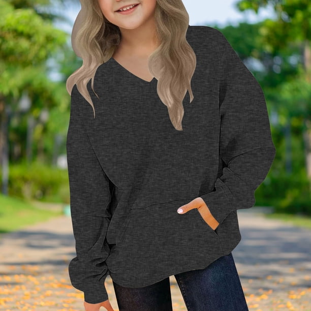 Blusas y camisas de manga larga con cuello redondo para niños y niñas, sudaderas casuales de manga larga, lindas sudaderas de gran tamaño con bolsillo de polar, chaquetas para niñas