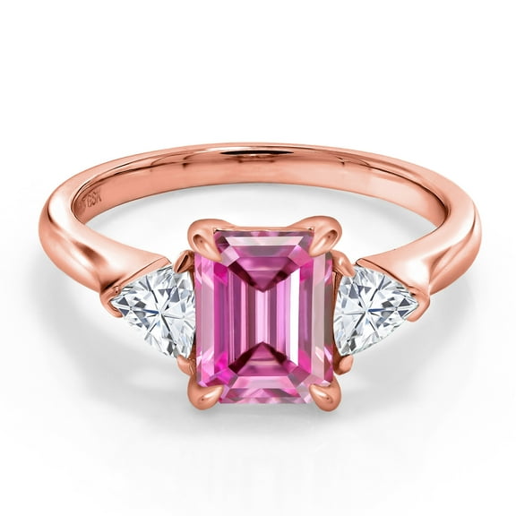 Gem Stone King 18K Rose Gold Plated Silver 3-Stone Ring Set with Octagon Pink Moissanite and Moissanite (2.07 Cttw, Size 9)