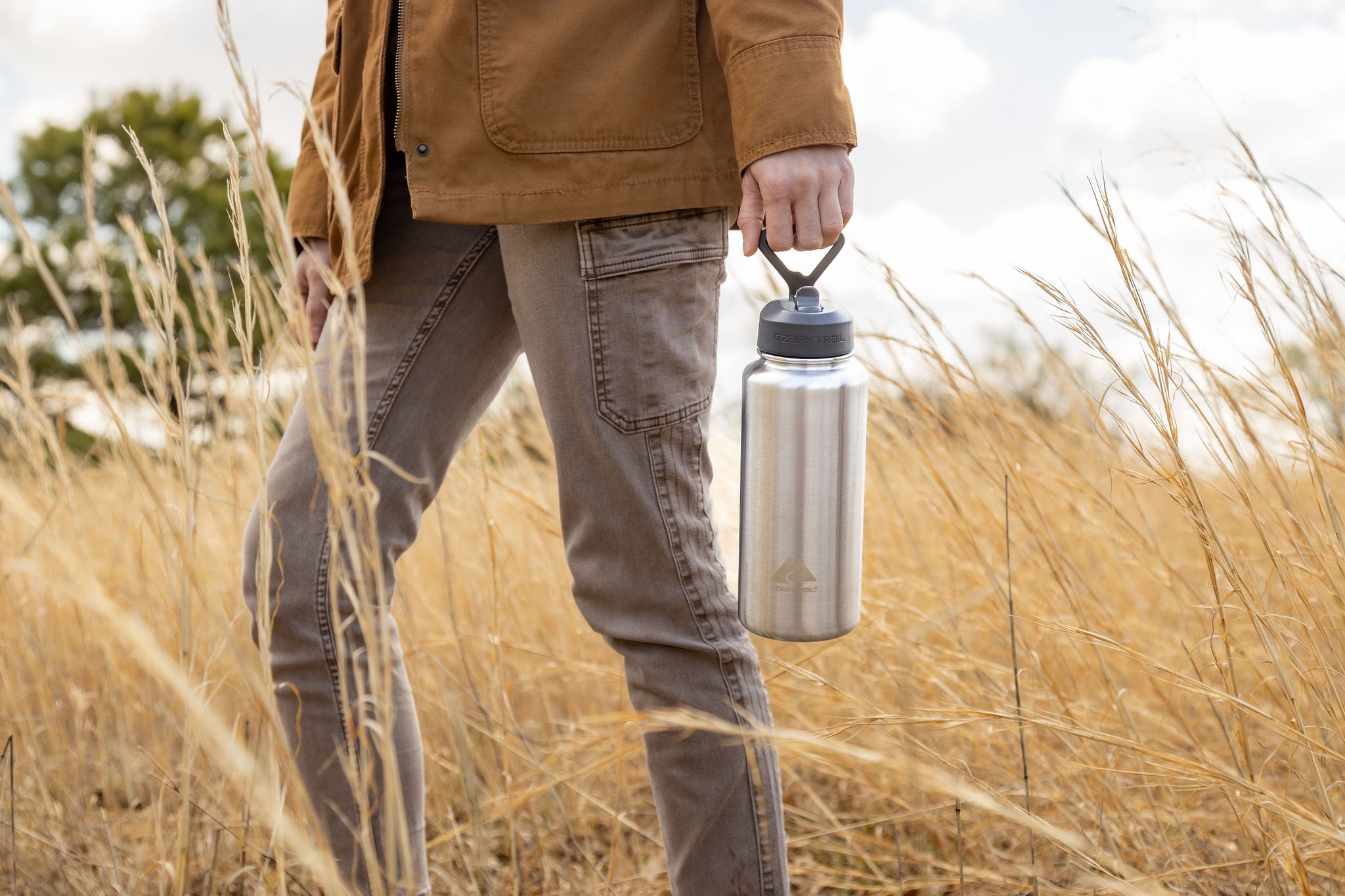 (3 pack) Ozark Trail 32 oz Insulated Stainless Steel Wide Mouth Water Bottle, Silver, Flip Lid with Loop Handle