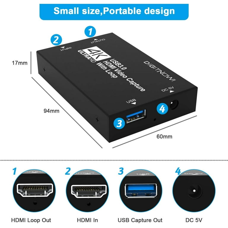 DIGITNOW 4K Video Capture Card with Loop Out, HDMI USB 3.0 Video Capture  Device 