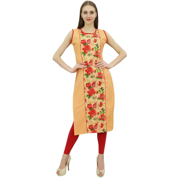 Bimba Indian Women's Peach Cotton Printed Straight Kurti Ethnic Casual Kurta-16