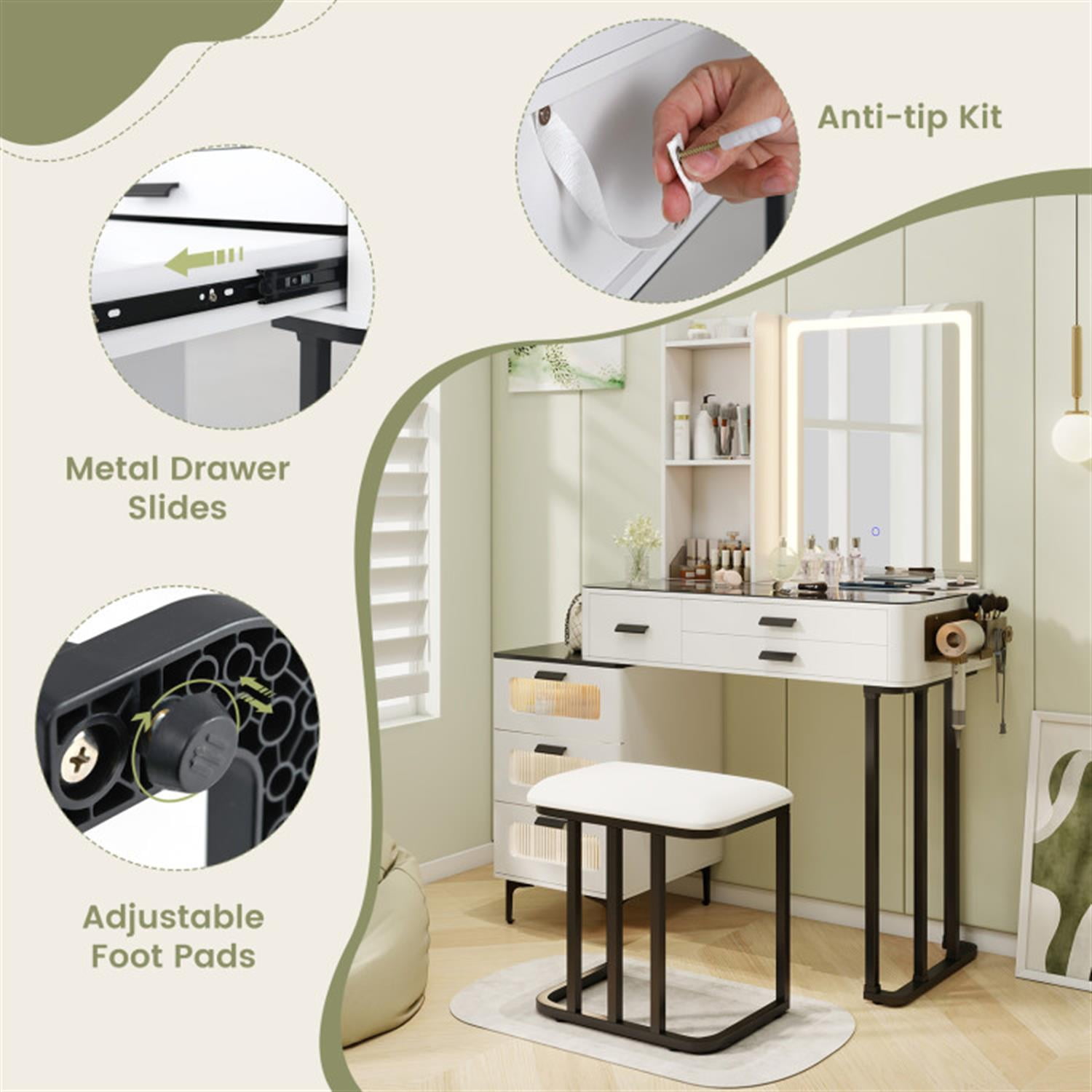 Demi Bonn Makeup Vanity Dressing Table and Stool Set with Mirror and 3-Color LED Lights, Vanity Desk for Bedroom Dressing Room, White