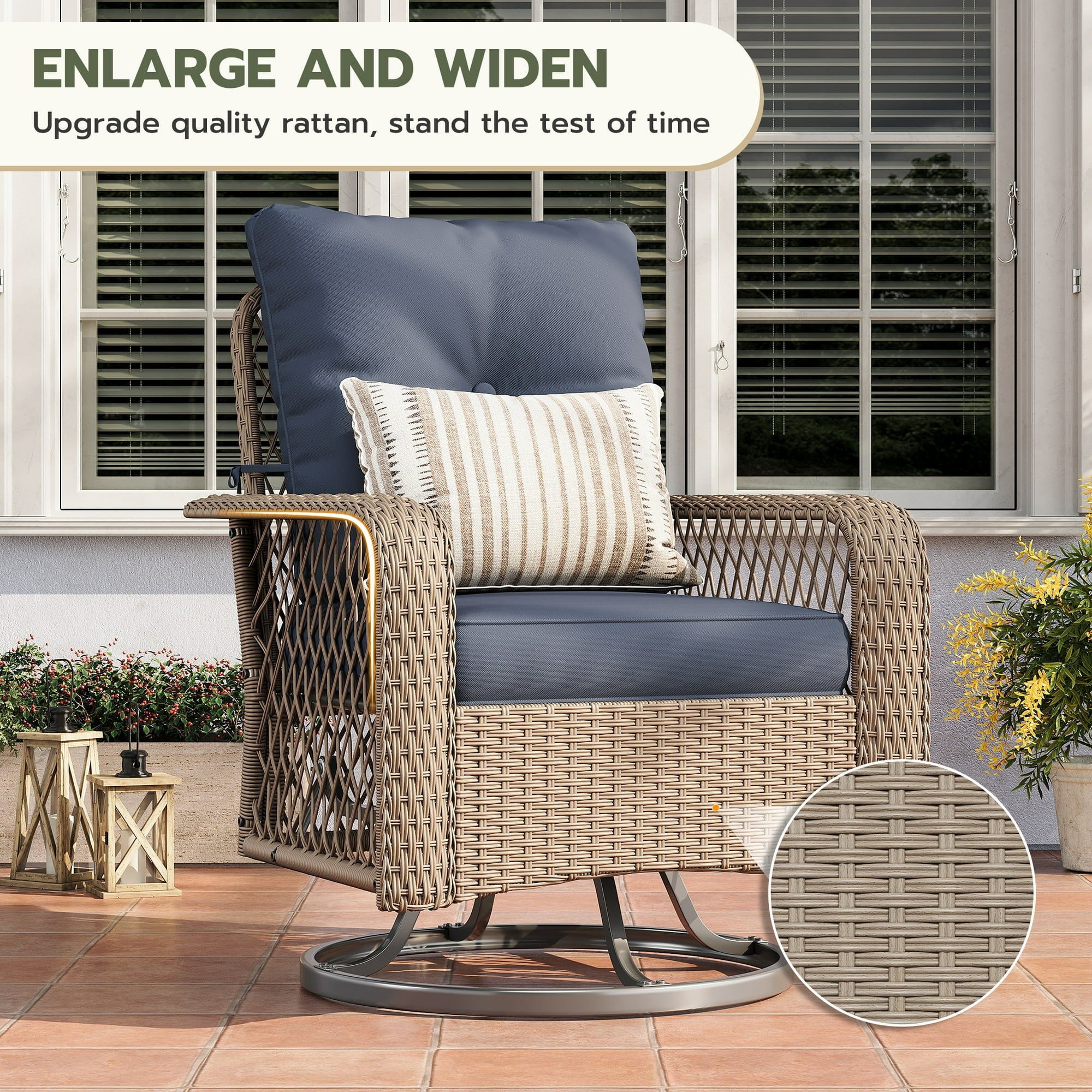 POTEBAN 3 Pieces Patio Furniture Set, Outdoor Swivel Gliders Rocker, Glass Top Side Table (Navy Blue)