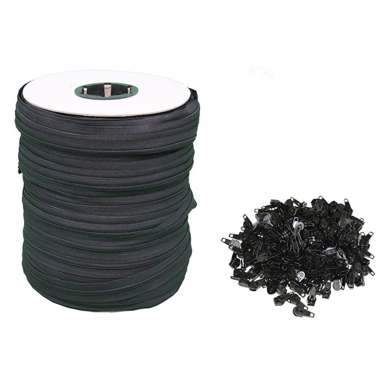 Black #5 Zipper 250 Yards [750 Ft] Roll - Includes 200 Zipper Heads