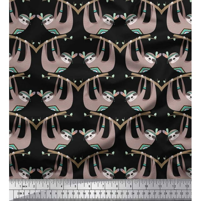 Soimoi Modal Satin Fabric Feather,Branch & Sloth Cartoon Print Fabric by The Yard 42 Inch Wide