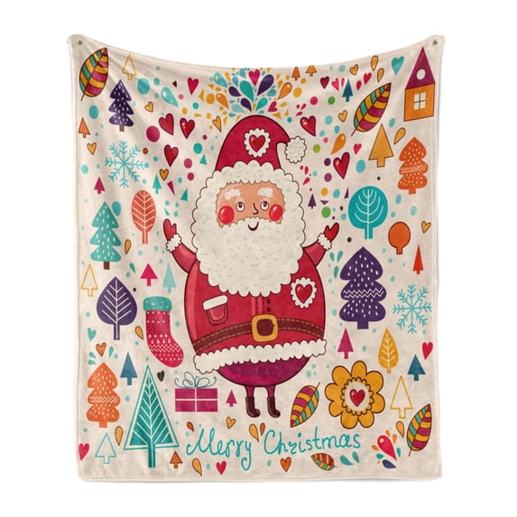 Christmas Soft Flannel Fleece Throw Blanket, Jolly Santa Theme Vintage Style New Year Tree Leaves Hearts in Autumn Colors, Cozy Plush for Indoor and Outdoor Use, 50" x 70", Multicolor, by Ambesonne
